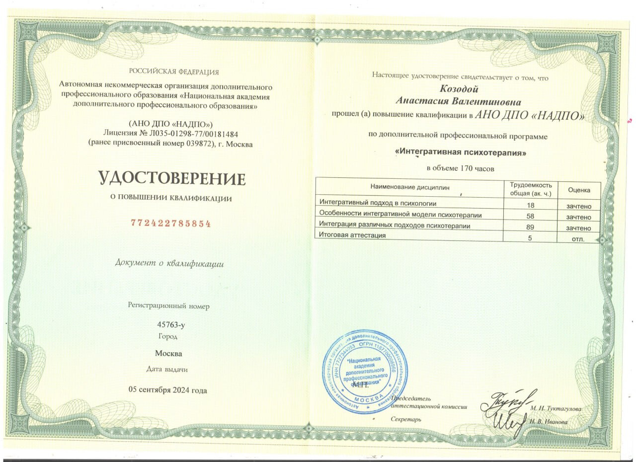 Удостоверение по интегративной психотерапии
